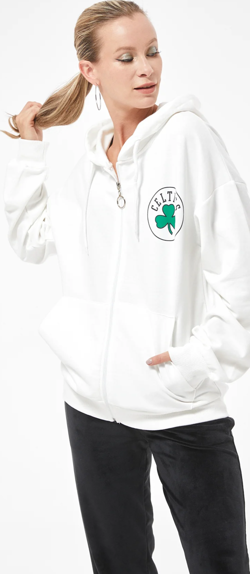 Kadın Kanguru Cepli Kapüşanlu Fermuarlı Sweatshirt Ekru ZN5084