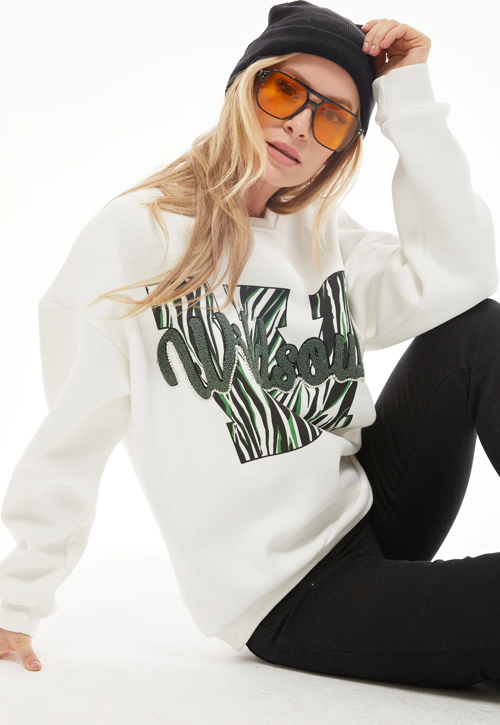 Kadın Nakışlı Üç İplik Sweatshirt Ekru ZN5099