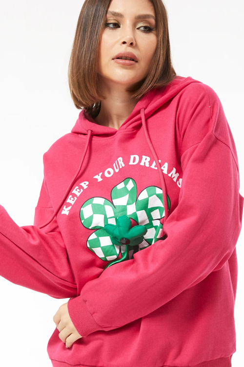 Kadın Çiçek Desenli Kapüşonlu Sweatshirt Fuşya ZN5059