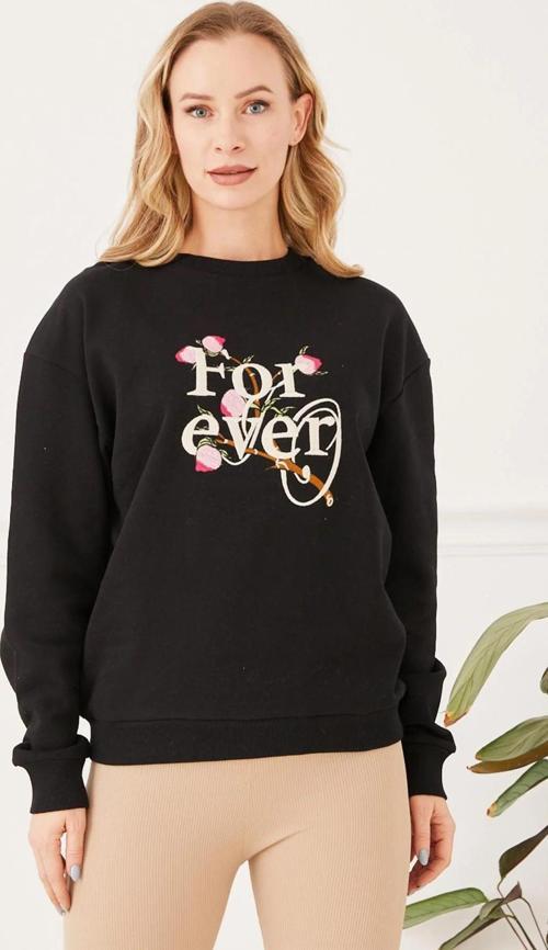 Kadın Nakışlı Sıfır Yaka Sweatshirt Siyah ZN5098
