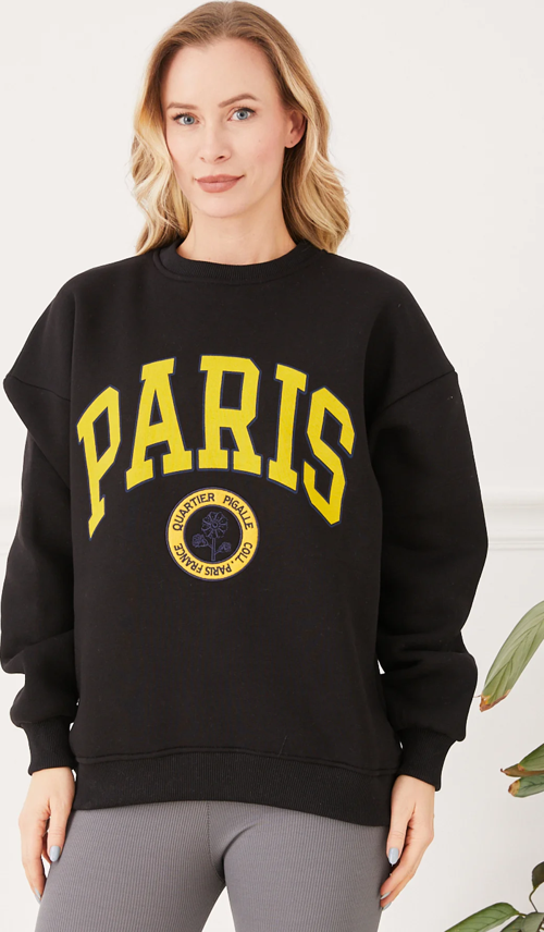 Kadın Paris Baskılı Üç İplik Sweatshirt Siyah  Siyah ZN5107