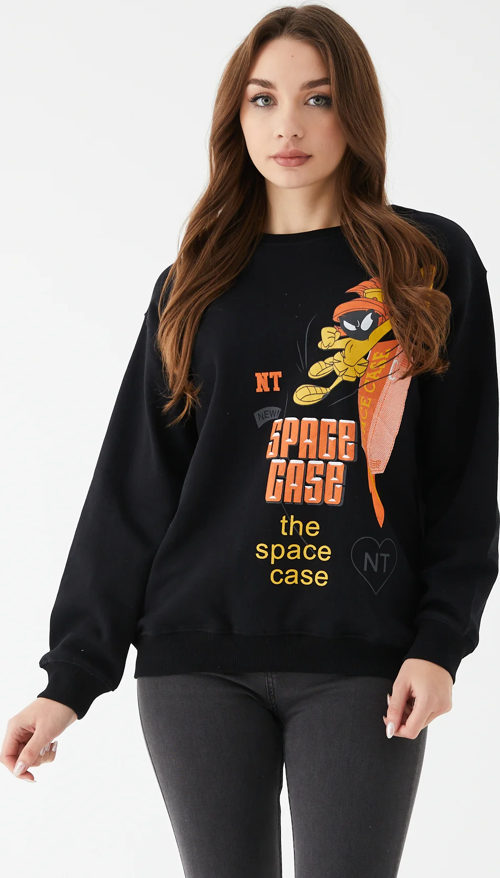 Kadın Sıfır Yaka Baskılı Üç İp İçi Şardonlu Sweatshirt Siyah ZN5110