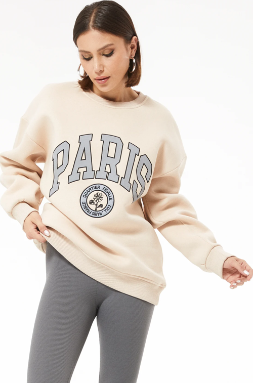 Kadın Paris Baskılı Üç İplik Sweatshirt Bej  Bej ZN5107