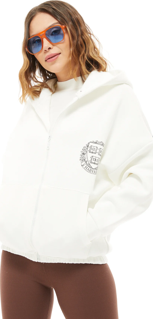 Kadın Yarasa Kol Fermuarlı Cepli Kapüşonlu Sweatshirt Ekru ZN5119