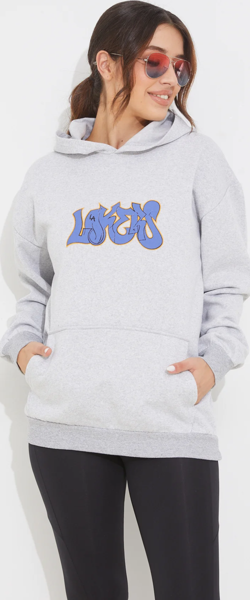 Kadın Baskılı Kapüşonlu Cepli Sweatshirt Gri ZN5124