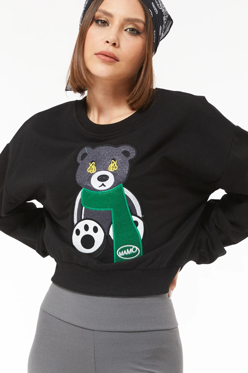 Sıfır Yaka Figürlü Kadın Kısa Sweatshirt Siyah ZN5041