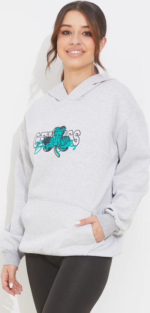 Kadın Baskılı Kapüşonlu Cepli Sweatshirt Gri ZN5046