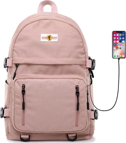 Laptop Bölmeli, USB Şarj Çıkışlı Su Geçirmez Kadın Sırt Çantası Pembe SRT5013
