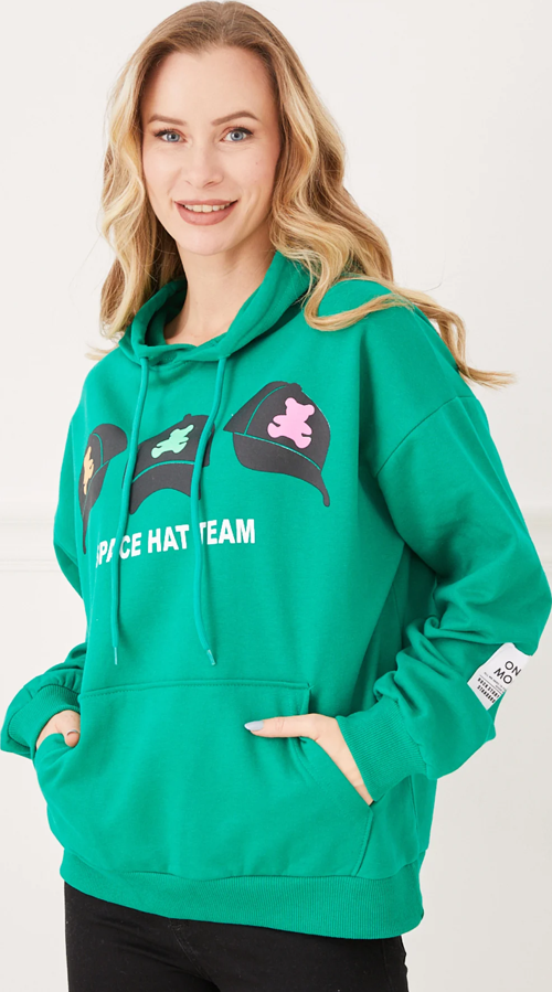 Kadın Şapka Baskılı Kapüşonlu Kanguru Cepli Sweatshirt Yeşil ZN5092