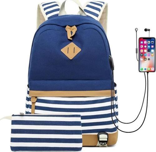 USB Şarj ve Kulaklık Çıkışlı Unisex Çanta Seti (Laptop Bölmeli Sırt Çantası, El Çantası ) Lacivert SRT8810-2
