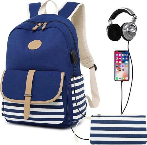 USB Şarj ve Kulaklık Çıkışlı Unisex Çanta Seti (Laptop Bölmeli Sırt Çantası, El Çantası ) Lacivert SRT8893-2