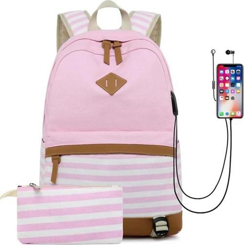 USB Şarj ve Kulaklık Çıkışlı Unisex Çanta Seti (Laptop Bölmeli Sırt Çantası, El Çantası ) Pembe SRT8810-2