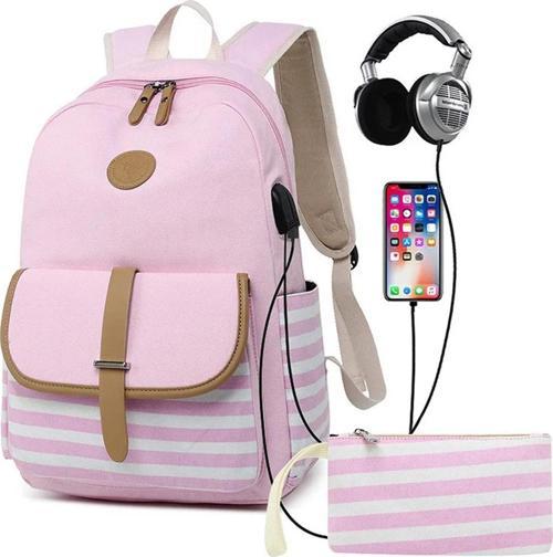 USB Şarj ve Kulaklık Çıkışlı Unisex Çanta Seti (Laptop Bölmeli Sırt Çantası, El Çantası ) Pembe SRT8893-2