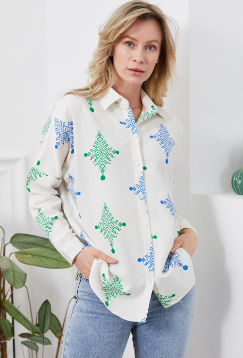 Desenli Keten Kadın Gömlek Yeşil ZN5016
