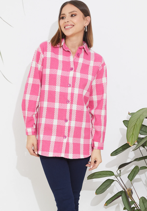 Ekose Desen Kadın Gömlek Pembe ZN5019