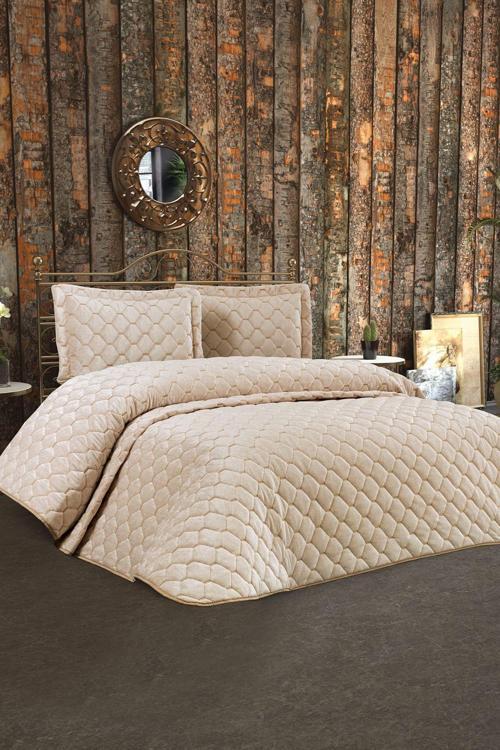 Roma Nakışlı Kapitone Çift Kişilik Yatak Örtüsü Seti 3 Parça Kahve