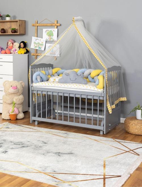Ahşap Beşik Anne Yanı Beşik Gri 60x120 cm - Sarı Mavi Örgü Uyku Seti Seti + Yatak