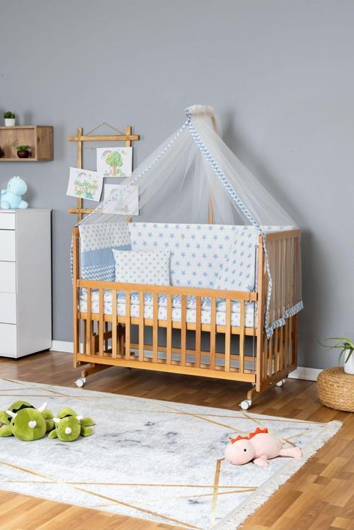 Ahşap Beşik Anne Yanı Beşik Vernikli 60x120 cm - Mavi Yıldız 1 Yastıklı Uyku Seti + Yataklı+Tekerlekli