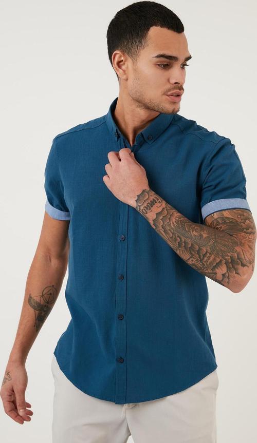 Pamuklu Slim Fit Düğmeli Yaka Kısa Kollu Erkek Gömlek CF21S112546 İNDİGO
