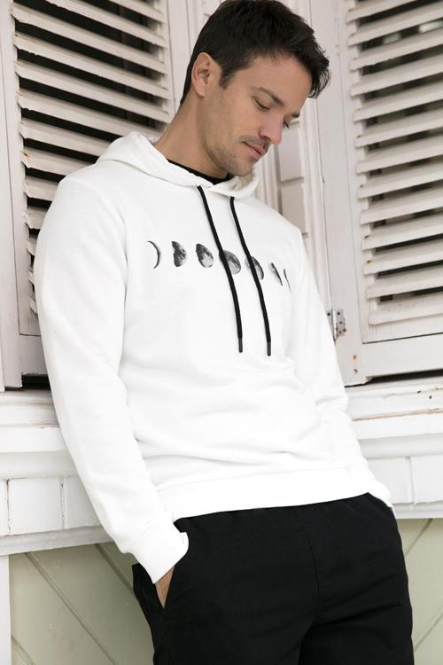 Pamuklu Baskılı Kapüşonlu Slim Fit Erkek Sweat 5905238 EKRU