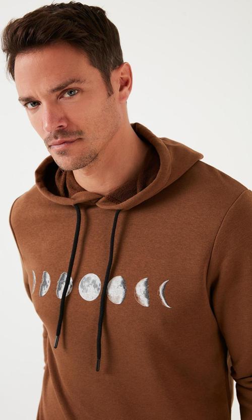 Pamuklu Baskılı Kapüşonlu Slim Fit Erkek Sweat 5905238 TABA