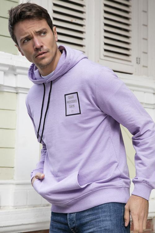 Slim Fit Baskılı Kapüşonlu Kanguru Cepli Pamuklu Erkek Sweat 5414015 LİLA