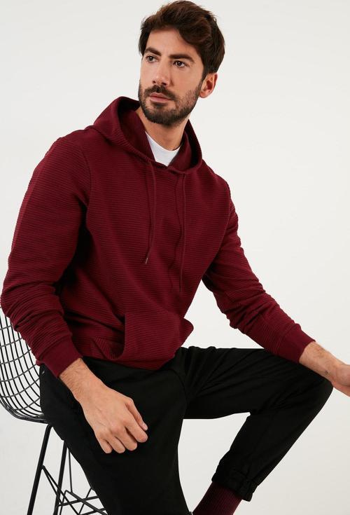 Pamuklu Kapüşonlu Kanguru Cepli Slim Fit Erkek Sweat 5896598 BORDO