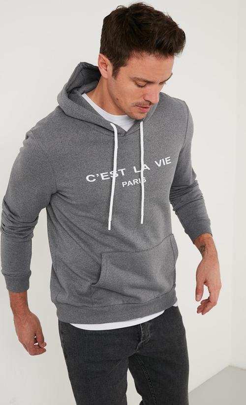 Slim Fit Kapüşonlu Kanguru Cepli İçi Tüylü Şardonlu Erkek Sweat 568R705 FÜME