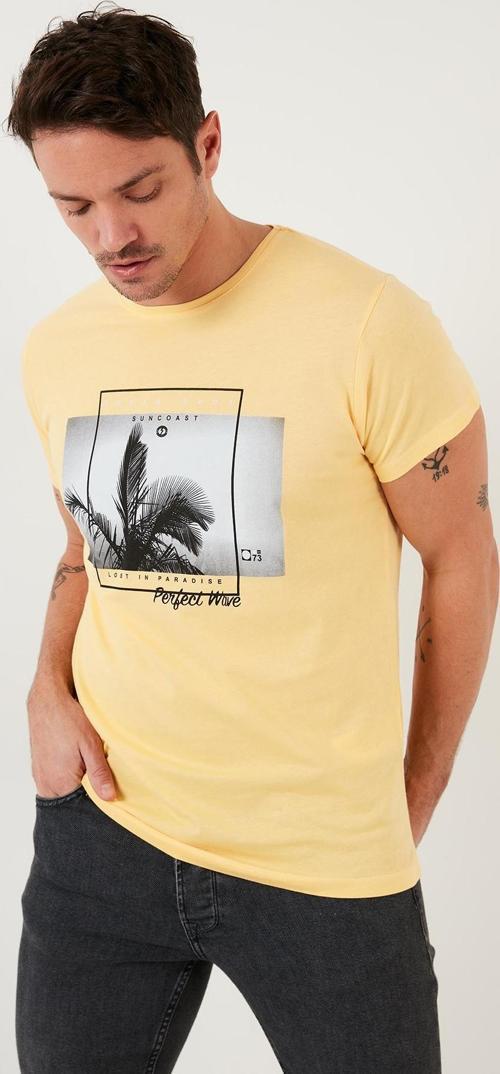 Baskılı % 100 Pamuk Bisiklet Yaka Slim Fit Erkek T Shirt 541PERFECTWAVE SARI