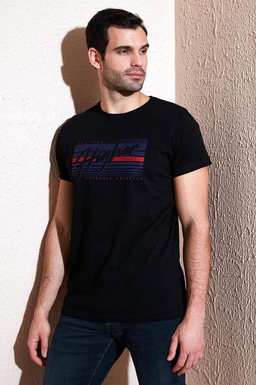 Pamuklu Slim Fit Bisiklet Yaka Baskılı Erkek T Shirt 541HIGHER SİYAH