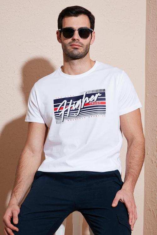 Pamuklu Slim Fit Bisiklet Yaka Baskılı Erkek T Shirt 541HIGHER BEYAZ