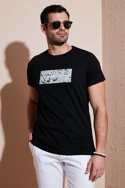Pamuklu Slim Fit Bisiklet Yaka Baskılı Erkek T Shirt 541TOLIVE SİYAH