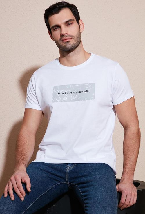 Pamuklu Slim Fit Bisiklet Yaka Baskılı Erkek T Shirt 541TOLIVE BEYAZ