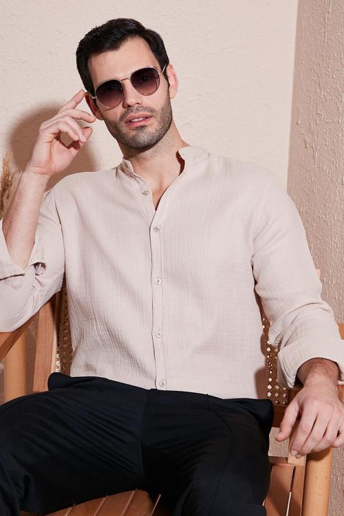 Pamuklu Regular Fit Hakim Yaka Erkek Gömlek CF25S127702 BEJ