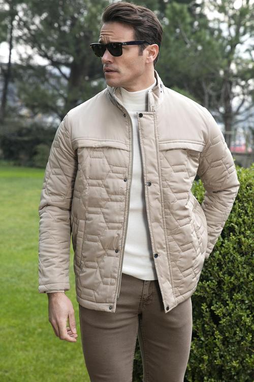 Regular Fit Cepli Fermuarlı Dik Yaka Şişme Erkek Mont 5840013 TAŞ