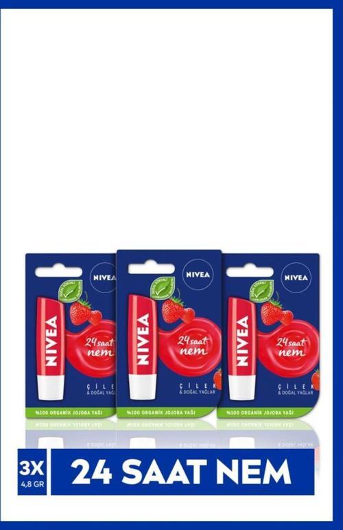 Dudak Bakım Kremi Ve Dudak Parlatıcı 4.8gr, Çilek Kokusu, 24 Saat Nem, Hafif Kırmızı Işıltı, X3 Adet