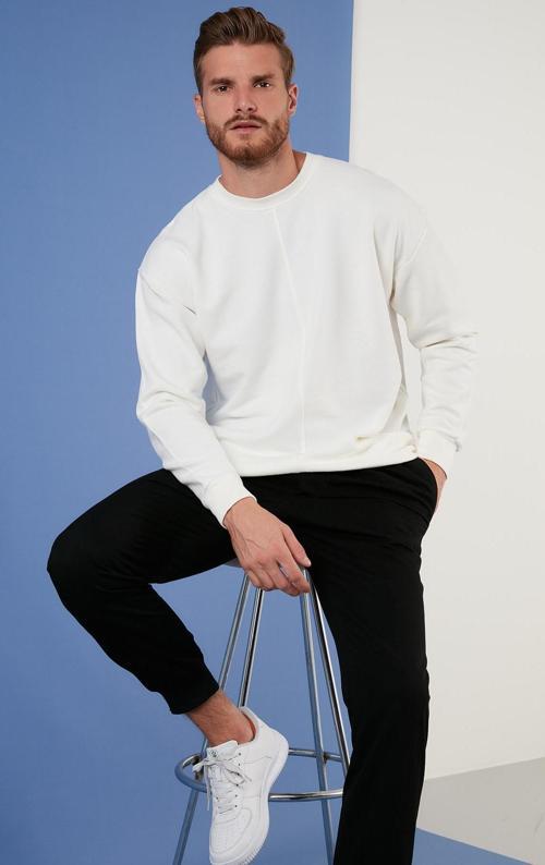 Regular Fit Bisiklet Yaka Pamuklu Erkek Sweat 59052721 EKRU