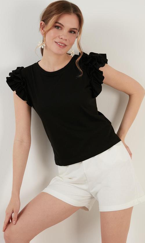 Pamuklu Kolları Fırfırlı Slim Fit Bisiklet Yaka Bayan T Shirt 5864500 SİYAH