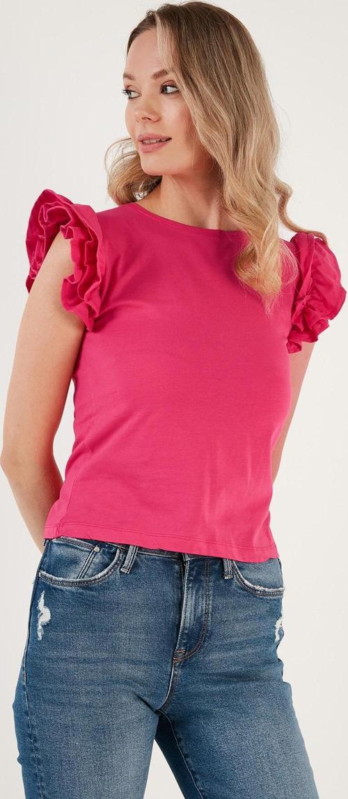 Pamuklu Kolları Fırfırlı Slim Fit Bisiklet Yaka Bayan T Shirt 5864500 FUŞYA