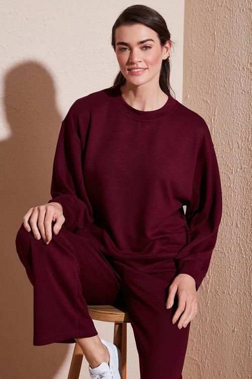 Streç Bisiklet Yaka Oversize Fit Scuba Bayan Sweat 5865879 BORDO