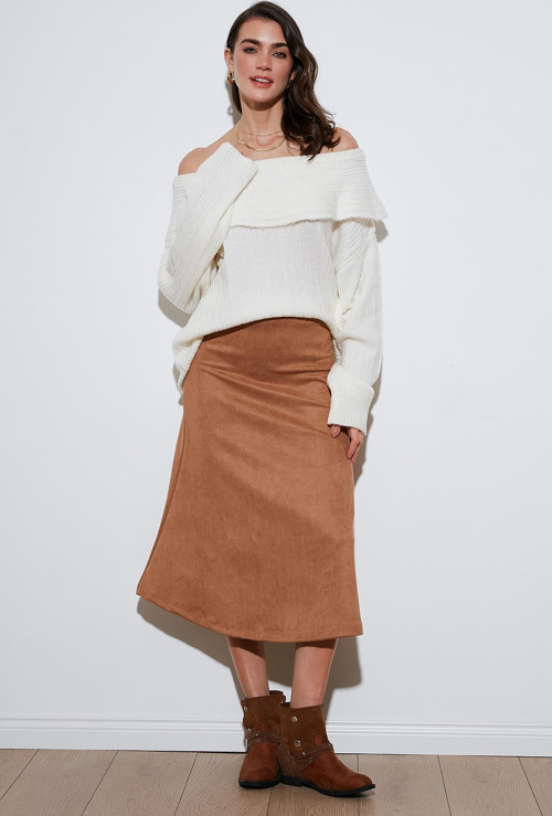 Streç Regular Fit Yüksek Bel Midi Boy Süet Çan Bayan Etek 5866180 VİZON