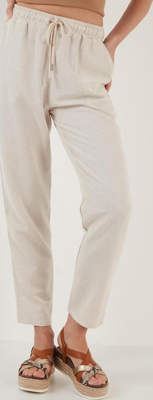 Pamuk ve Keten Karışımlı Yüksek Bel Rahat Kesim Cepli Bayan Pantolon 5865019 BEJ