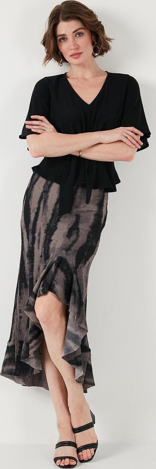 Regular Fit Desenli Yüksek Bel Volanlı Midi Boy Yırtmaçlı Bayan Etek 5869013 SİYAH