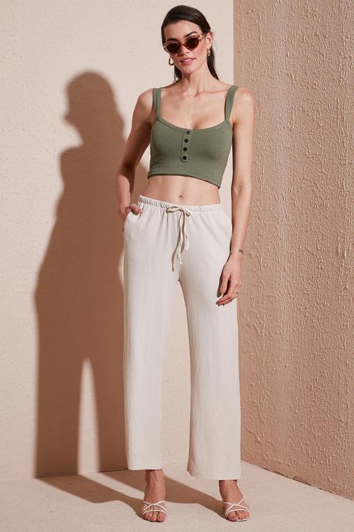 Regular Fit Normal Bel Geniş Paça Bayan Pantolon 5866117 TAŞ