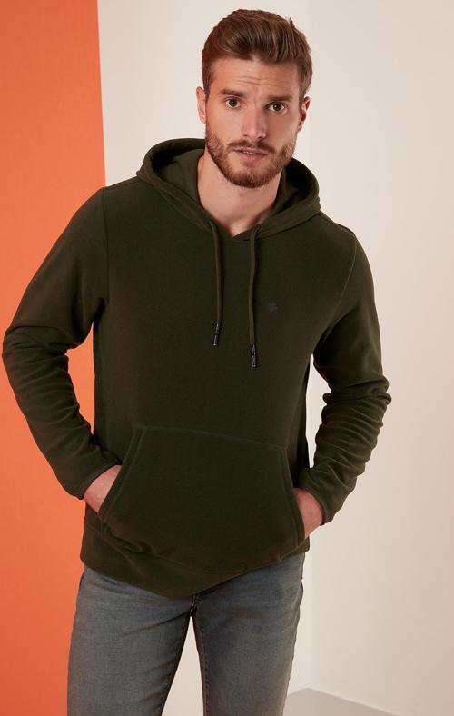 Slim Fit Kanguru Cepli Kapüşonlu Erkek Polar 5906032 HAKİ