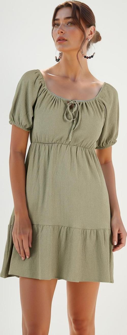 Önü Büzgülü Balon Kollu Mini Bayan Elbise 5869005 Olive