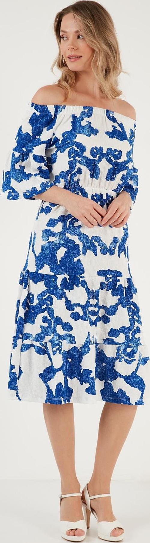 Desenli Carmen Yaka Midi Bayan Elbise 5865623 Ekru-Saks