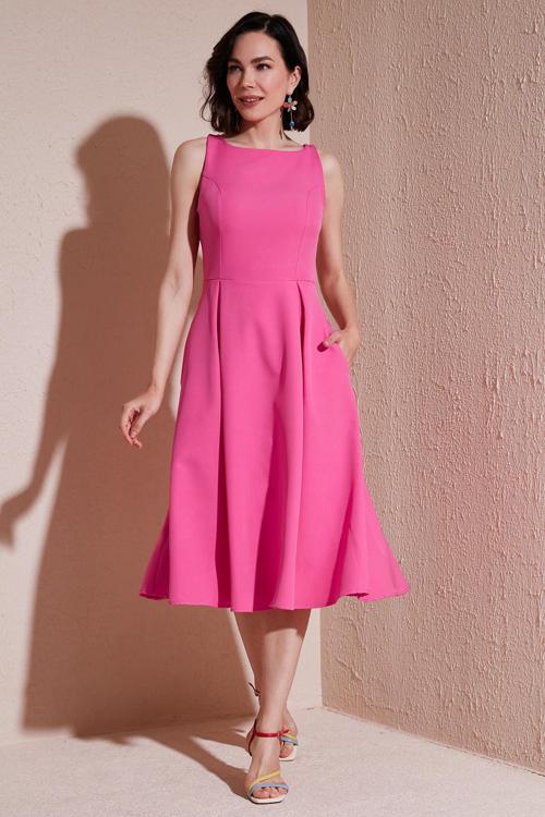 Bisiklet Yaka Regular Fit Cepli Pileli Midi Bayan Elbise 6051963 FUŞYA