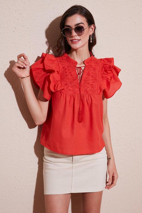 Pamuklu Regular Fit Nakış İşlemeli Bayan Bluz 611BZ0253 NAR ÇİÇEĞİ