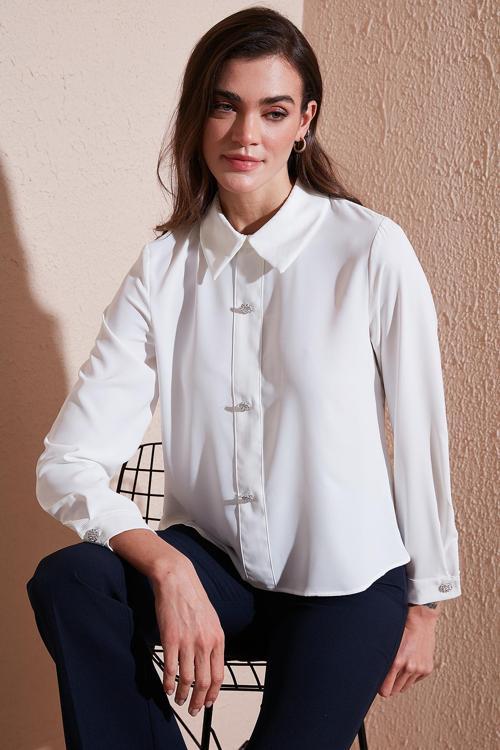 Taşlı Regular Fit Gömlek Yaka Fermuarlı Bayan Bluz 611BZ0493 EKRU